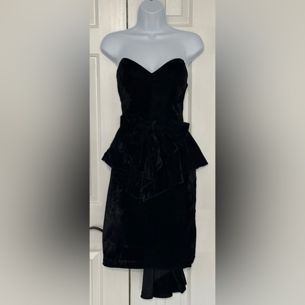TAD Black Velvet Strapless Dress Small High Low Peplum Bow